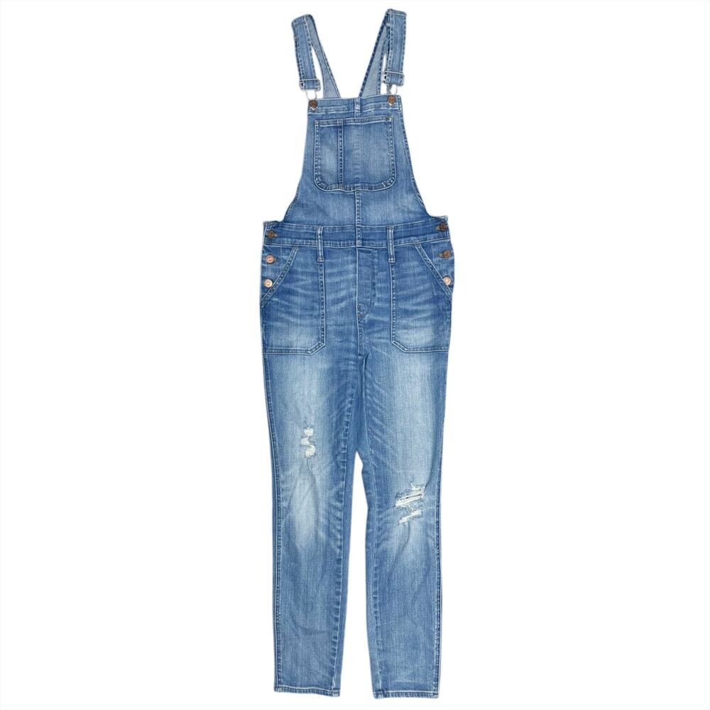 MADEWELL Stretch Denim Ripped-Knee Skinny Overalls in Faded Blue Wash Size S